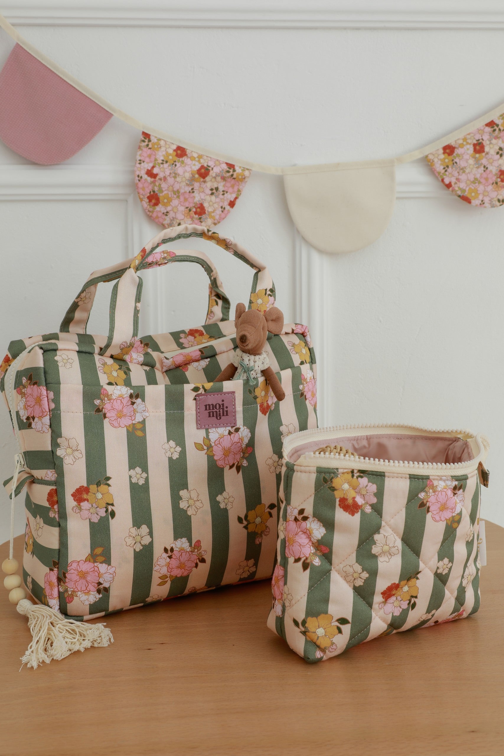 Make-Up Bag Set of 2 - Green Striped